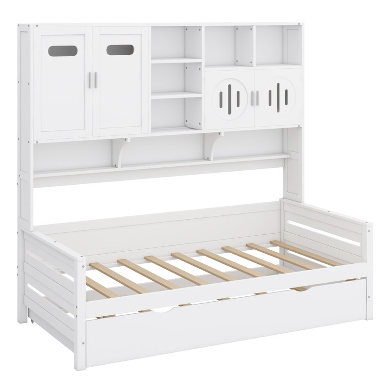 Wooden Daybed With Trundle,All-In-One Cabinet And Shelf, White, Twin