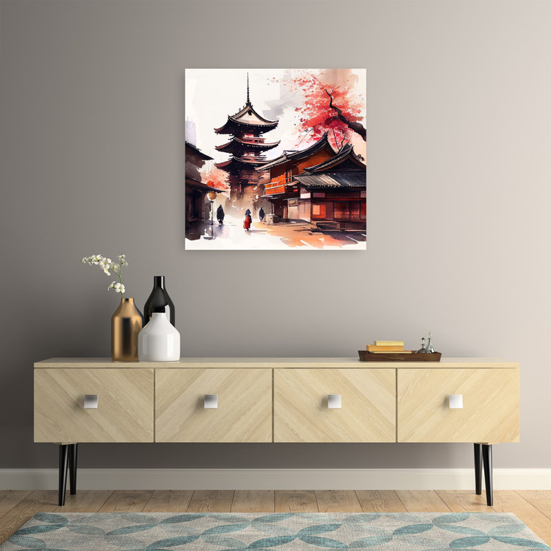 Serene Japanese Temple Street Abstract Contemporary Architecture Landscape Wall Art Print 1 Piece Wrapped Canvas Wall Art