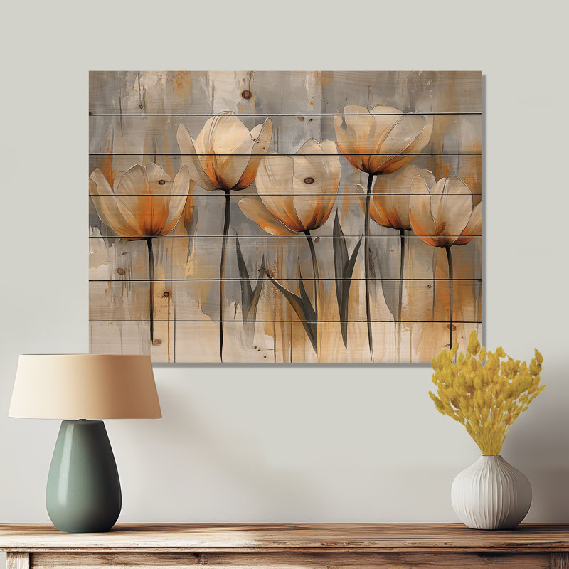 Winter Hues Tulips Field Horizon II - Tulips Wood Wall Art - On Natural Pine Wood, 10" H x 20" W x 0.78" D