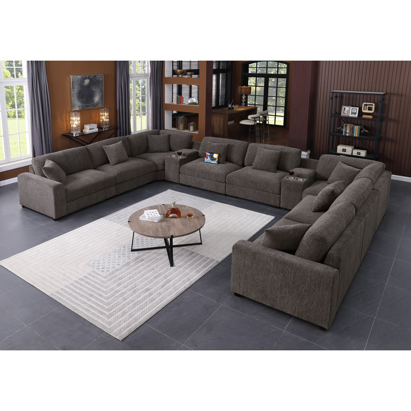 Modern Upholstered Cloud Modular Corner Sectional Sofa With Two Consoles, Dark Gray Chenille