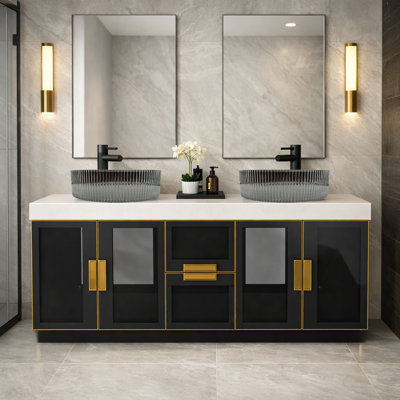 Meuble-lavabo mural moderne de luxe avec comptoir à surface solide de 60 po et vasque ronde en verre