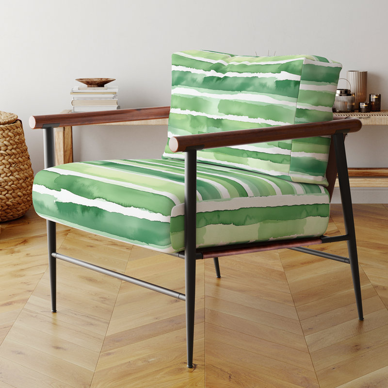 Chaise rembourrée rayée - vert et blanc, Bras ronds bruns