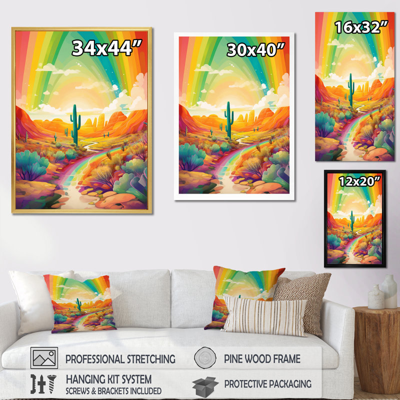 Cactus dans le désert sous un arc-en-ciel de couleur vive I - impression, H 32 po x l 24 po x P 1 po, Cadre simple blanc