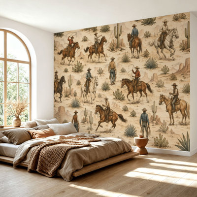 Wall Mural Peel and Stick Wallpaper Cactus Cowboys Vintage Horses Desert Landscape Western Attire Self-Adhesive Removable Contact Paper Wall Decor for Living Room Bedroom 69"H x 96"W