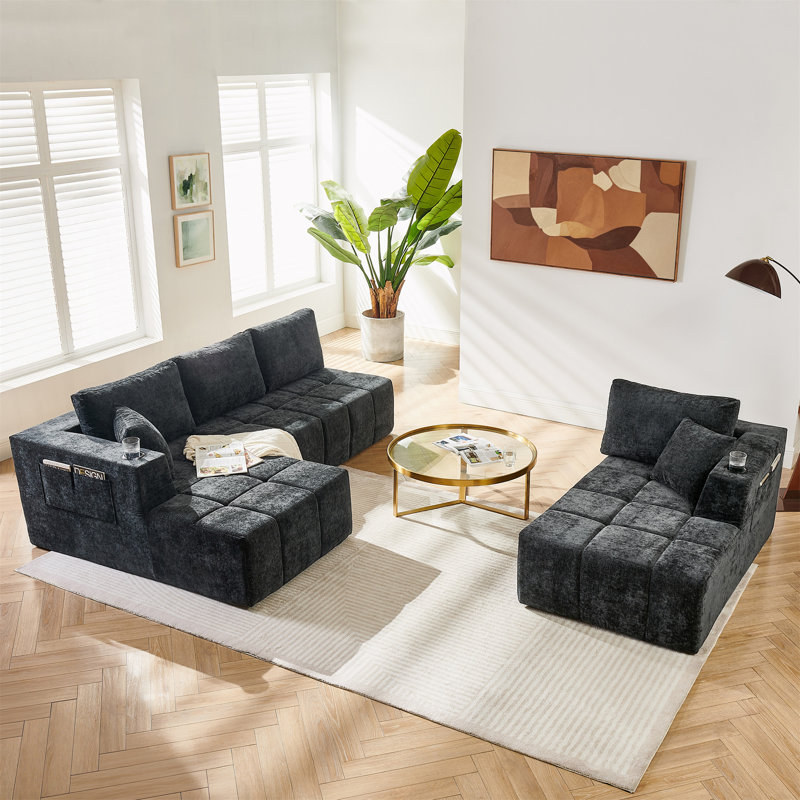Canapé modulaire en chenille de 132 po en U, Black Chenille