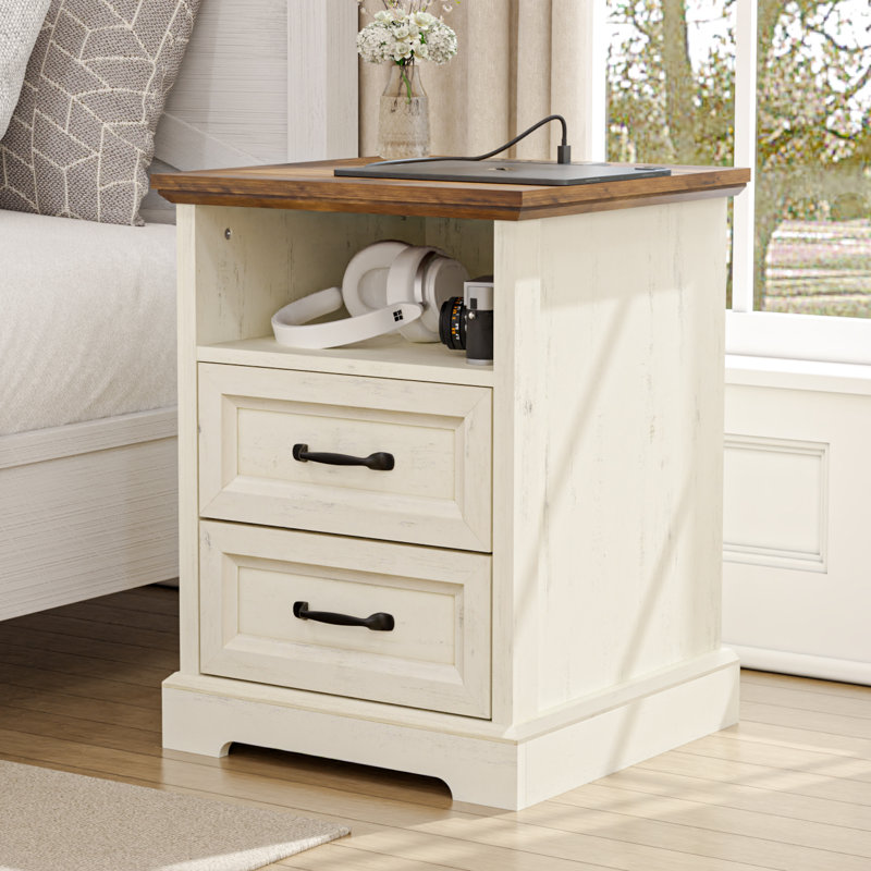 17.7'' W Farmhouse Nightstand With Built-in Outlets, 2 Drawers and Open Shelf, White/Brown