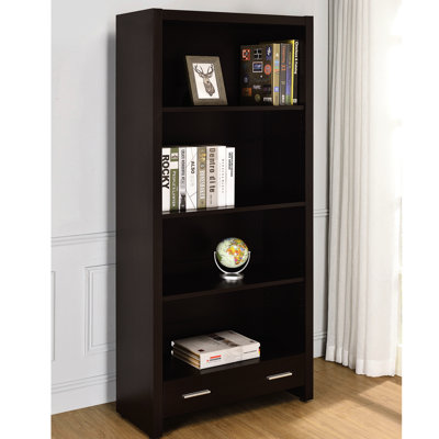 4-Shelf Bookcase In Cappuccino Finish, Two Adjustable Shelves, Concealed Drawer With Silver Pulls, Engineered Wood, Suitable For Office Four-Shelf Finish And Lower Drawer, Transitional Style, Closed