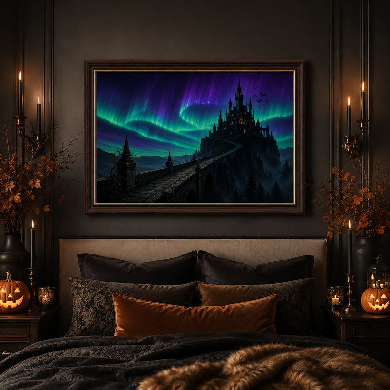 Château gothique sur falaise sous une toile verte et violette, art mural d'Halloween, H 16 po x l 24 po
