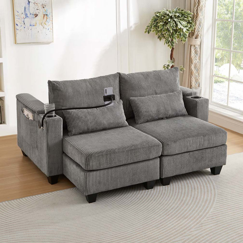 Canapé-lit convertible en Corduroy avec ports USB et deux porte-gobelets, Gris