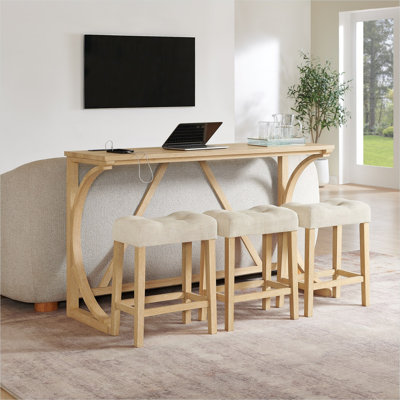 59-Inch Bar Table and 3 Upholstered Stools Set with Built-In Power Outlets, Solid Wood and MDF, Rectangular