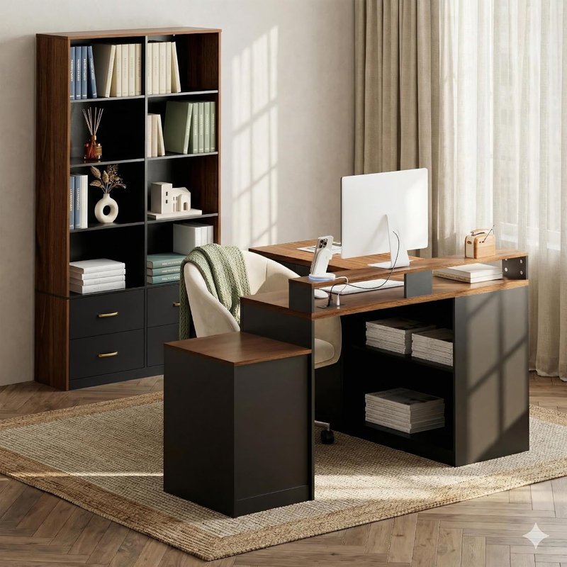 Bureau d'ordinateur en L avec support pour écran, station de charge et rangement, Black