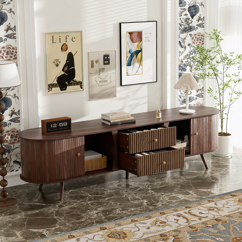 Meuble télé Mid-Century avec tiroirs, meuble télé pour téléviseur de 80 pouces