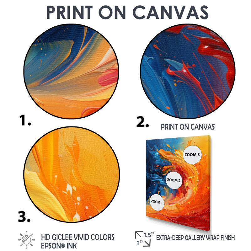 «Orange Blue Wonderful Abstract Waves I», impression d'art mural vagues côtières, Toile tendue, H 32 po x l 16 po x P 1 po