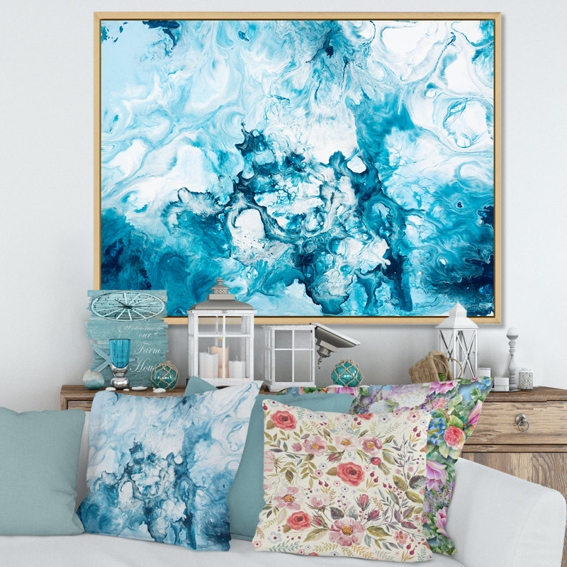 «Blue and White», peinture sur toile, H 16 po x l 32 po, Cadre flottant en érable