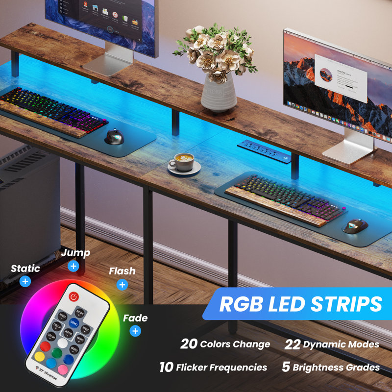 Kamai 54" L Shaped Computer Desk for Home Office Gaming Desk with LED Built-in Outlets with Storage Shelf, Rustic Brown/Black