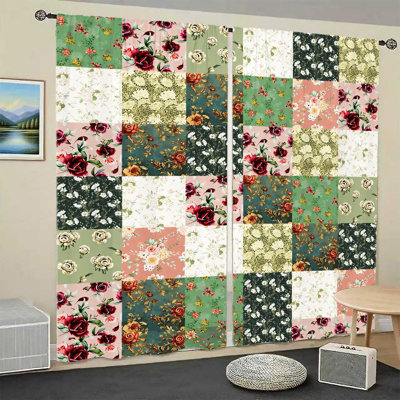 2Pcs Patchwork Floral Curtains, Vintage Rose Garden Fabric, Artistic Boho Pattern, Light Filtering & Privacy Drapes, Rod Pocket Design for Living Room, Bedroom, Balcony, Kitchen, and Outdoor Home Decor