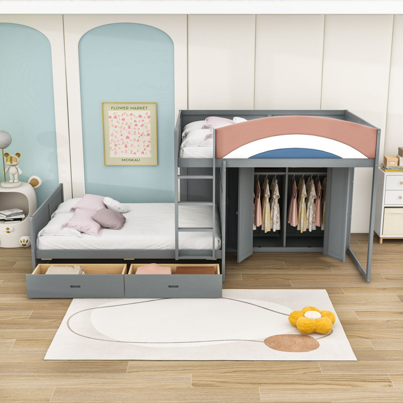 Lit superposé double en bois avec 2 tiroirs et garde-robe, Gris