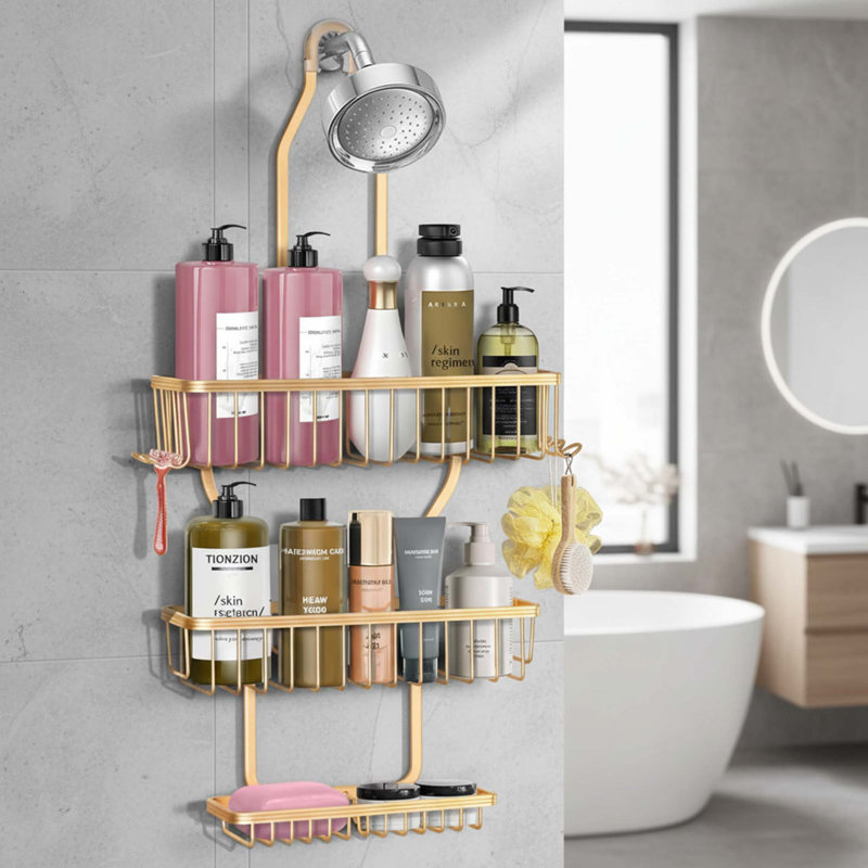 Serviteur de douche à suspendre en aluminium avec panier à savon et organisateur de douche suspendu 6 pièces, Doré