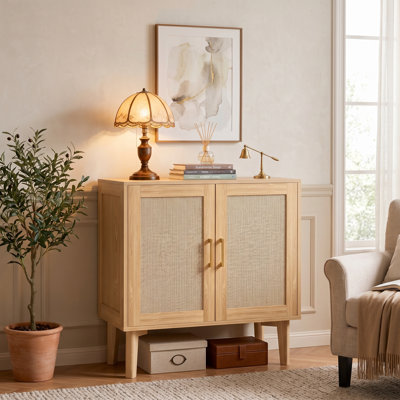 Japandi Rattan Sideboard Buffet Cabinet, Natural Wood Storage with Tapered Solid Legs & Adjustable Shelf