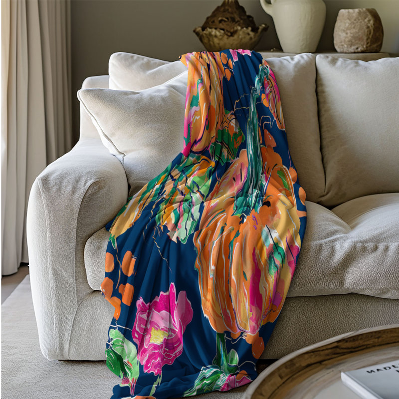 Motif de balise maritime - 1 pièce Sherpa Premium, L 50 po x L 60 po, Citrouilles en fleurs