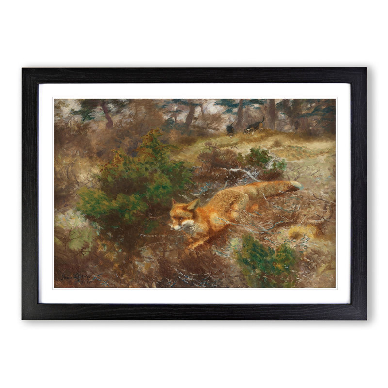 Fox and Hunting Dogs Vol.1 by Bruno Liljefors - Picture Frame Painting, 48cm H x 65cm W x 2cm D, Black Framed