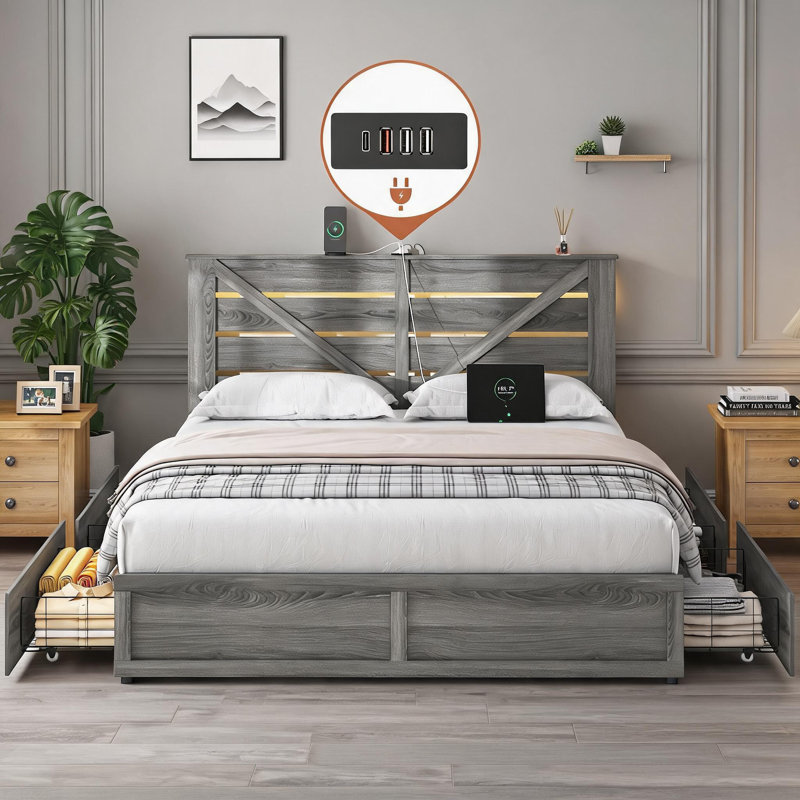 Lit plateforme avec grand lit, rangement en bois aggloméré gris clair et fabrication en métal avec éclairage DEL