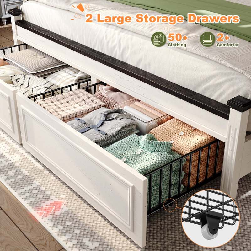 High Headboard Bed With 2 Underbed Storage Drawers - Black And White Panel Design，full/queen/king, Queen