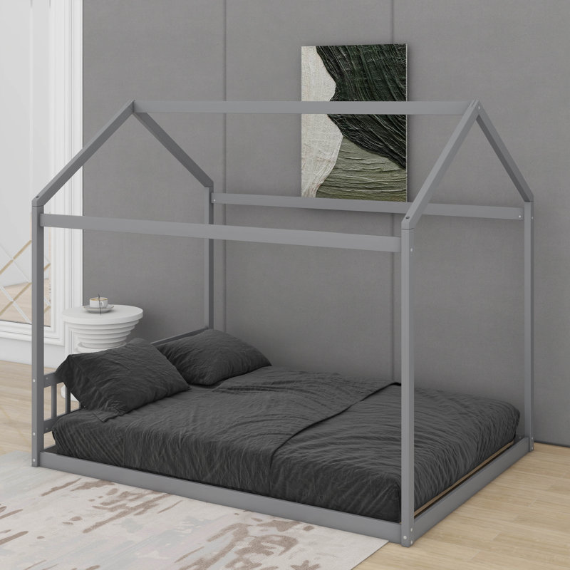 Grand lit en bois avec tête de lit, Gris