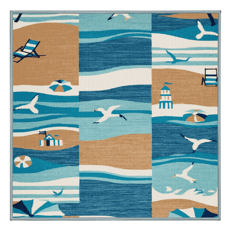 Washable Modern Beach Life Coastal Area Rug, Square 4'