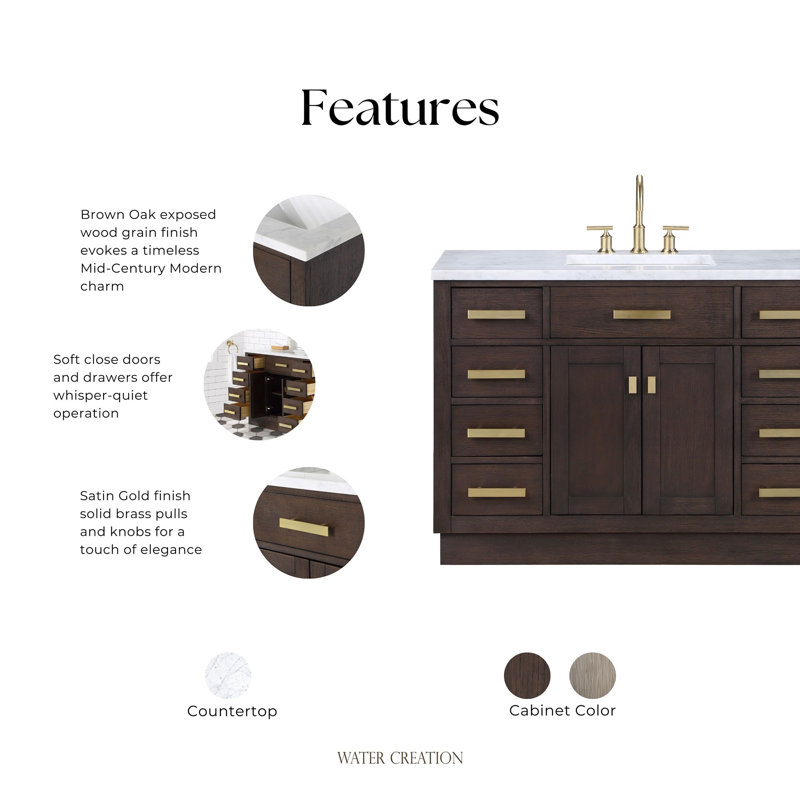 Chestnut 48" Carrara White Marble Countertop Bath Vanity with Mirror, Brown Oak