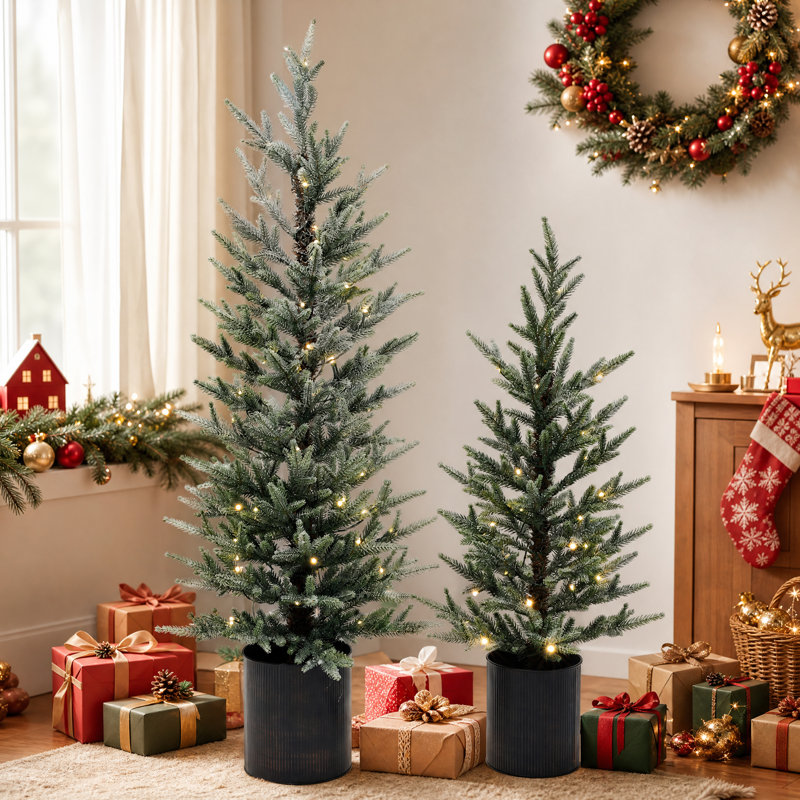 Ensemble de 2 sapins de Noël artificiels verts givrés préilluminés dans des pots en métal noir