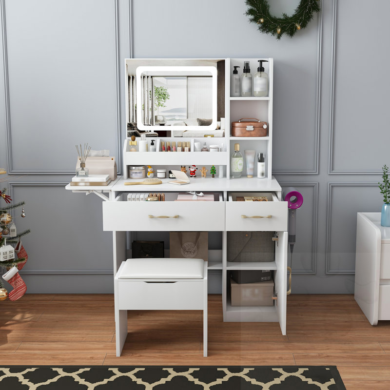 Bureau de coiffeuse à DEL avec prise de courant et tabouret de rangement, Blanc