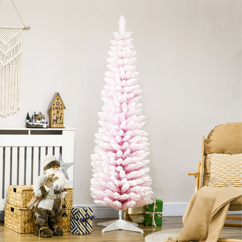 Arbre de Noël artificiel enneigé 6 pi, arbre de Noël mince avec branches réalistes et base en plastique pour décoration d'intérieur, rose