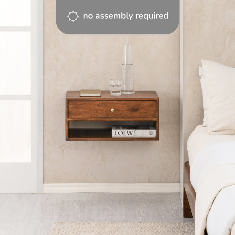 Reni Solid Wood 1- Drawer Floating Nightstand, Walnut
