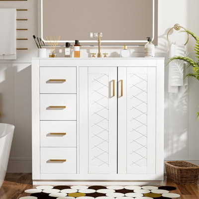 Meuble-lavabo de 36 po avec lavabo en céramique, structure en bois massif, charnières, 3 tiroirs, rangement spacieux, motif de rainure unique, poignée en métal exquis, glissière de tiroir lisse, style rétro pour évier, style moderne