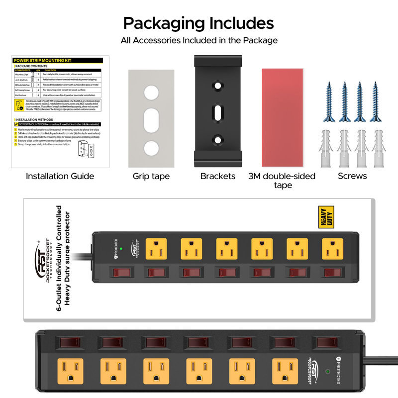 Barrette d'alimentation en métal robuste à 6 prises CRST avec interrupteurs individuels, cordon d'extension 6 pi