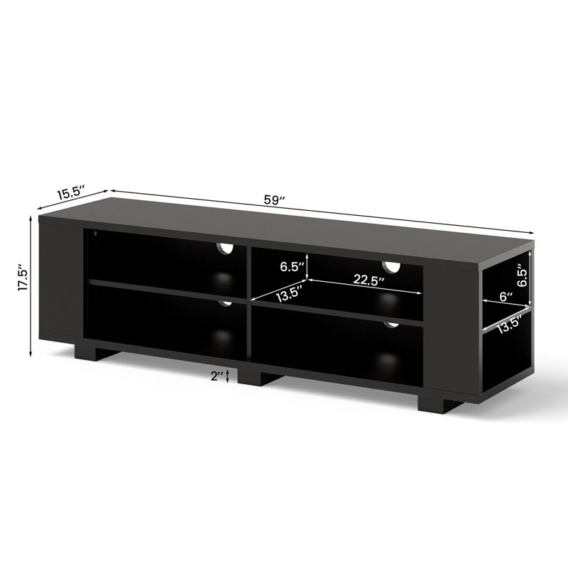 Meuble télé en bois avec 8 tablettes ouvertes pour téléviseur de 65 po ou moins, Noir