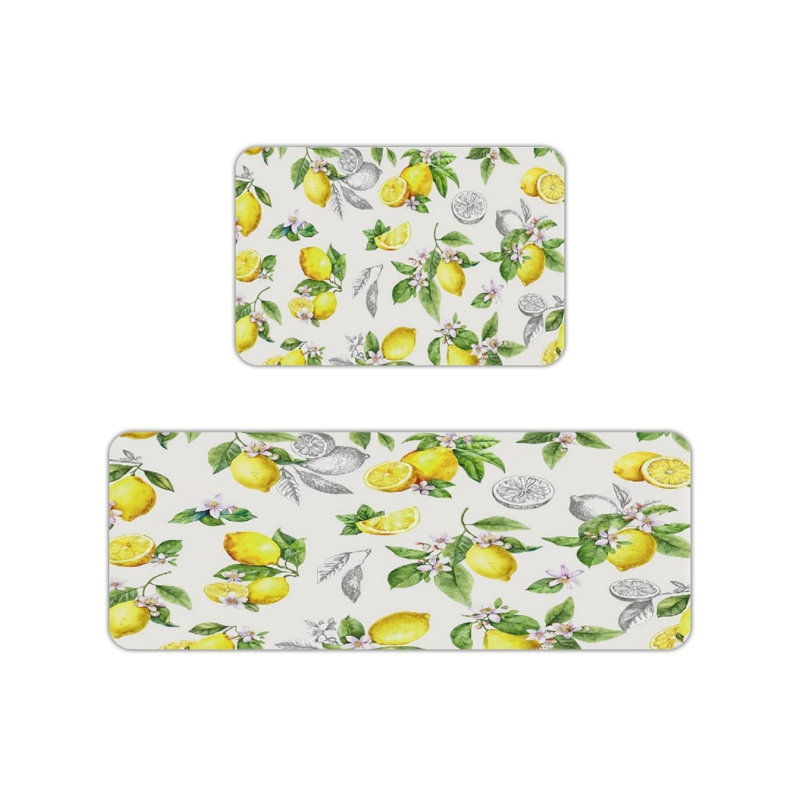 Ensemble de 2 tapis de cuisine blancs à motif aquarelle et croquis citron
