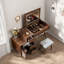 Bureau de coiffeuse 3-en-1 avec miroir basculant éclairé, armoire réglable, tiroirs et tabouret-2110687732