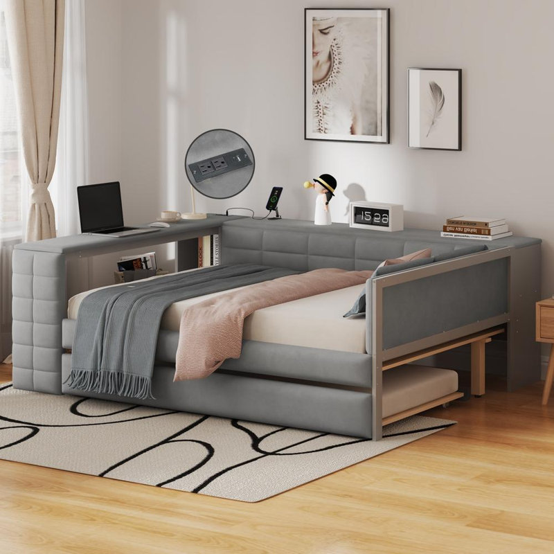Full Size Upholstered Platform Bed with Storage Shelves, Gray