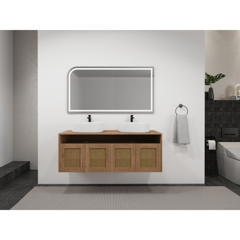Meuble-lavabo double 48 po avec lavabos vasques ronds et armoire de rangement 48 po, Blanc