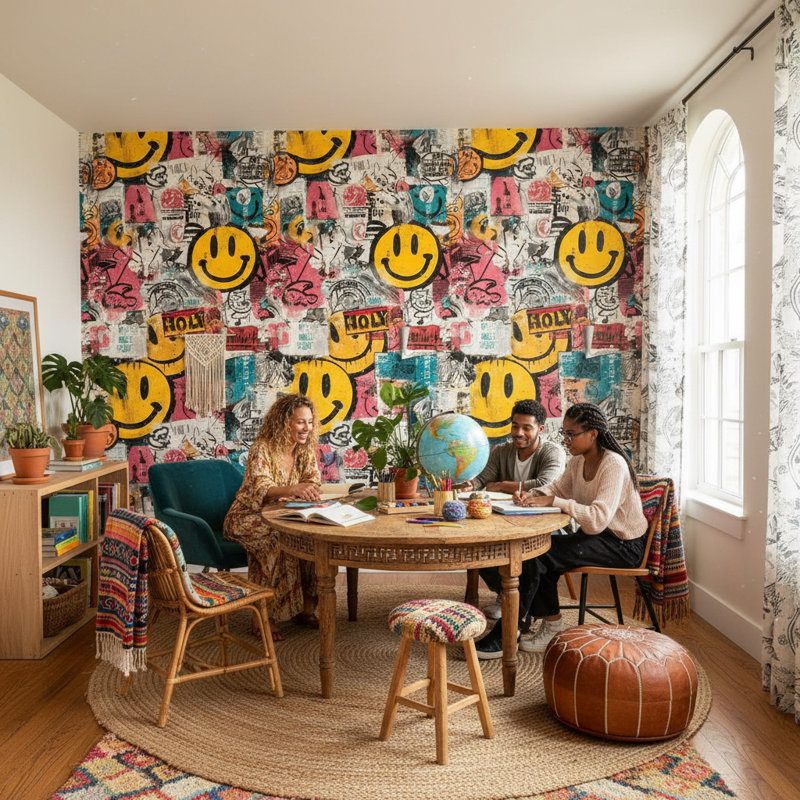 Papier peint graffiti, décoration murale amovible visage souriant
