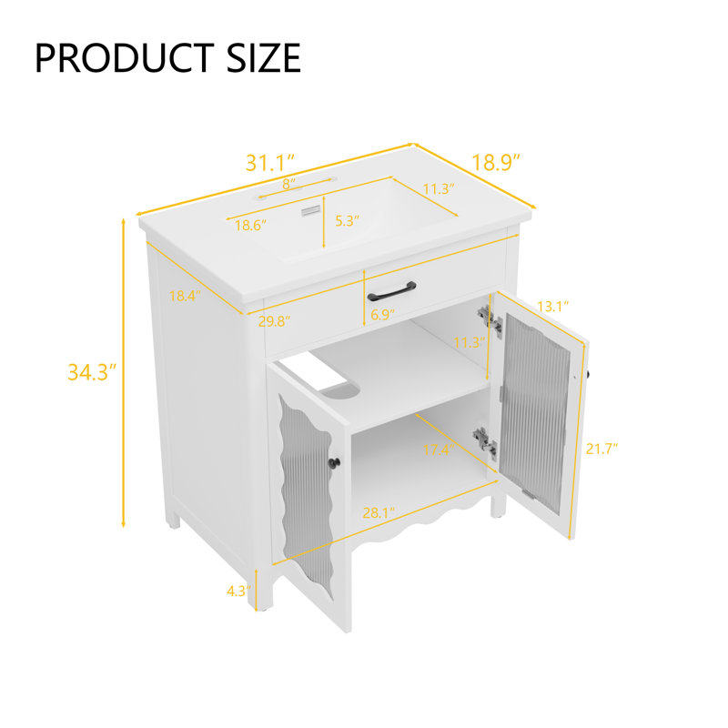 30" White Modern Bathroom Vanities With Single Sink, Flooting Vanity With Tempered Glass