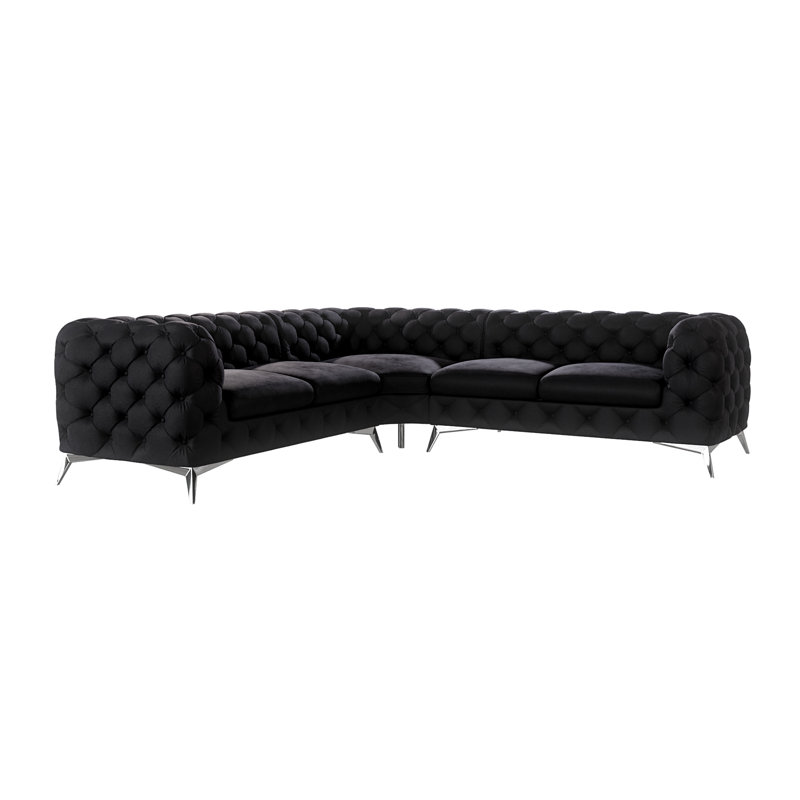 Chesterfield Corner Sofa L-Shape  with Silver Metal Legs, Black