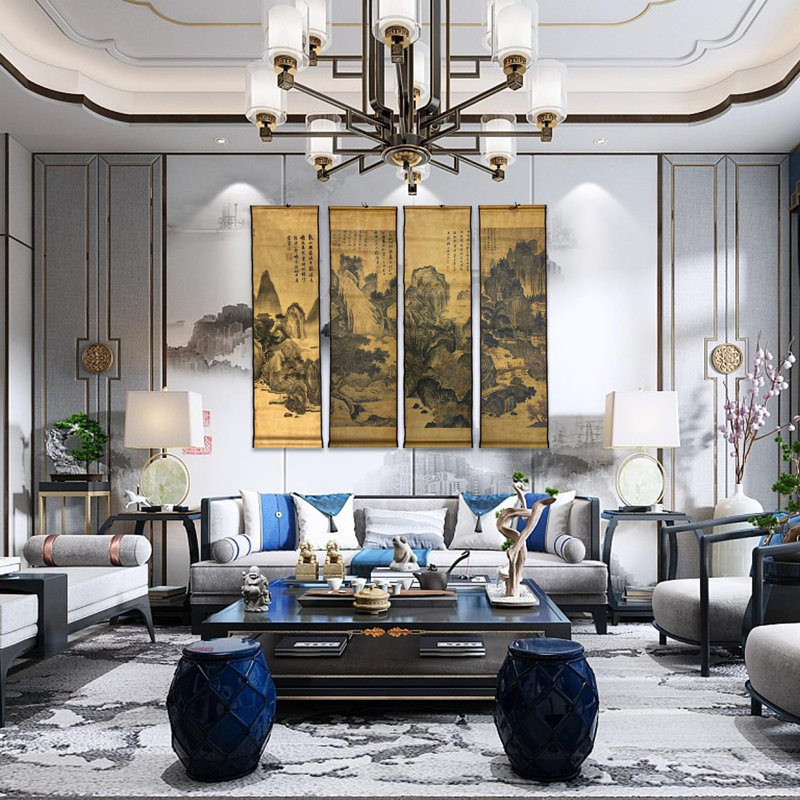 Grand ensemble de 4 peintures murales chinoises classiques pour la décoration de chambre