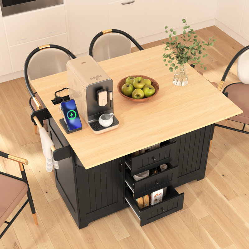 Îlot de cuisine 55,7 po avec 2 abattants, roulant, prise de courant, table de salle à manger pliante, 3 tiroirs, espace de rangement, chariot mobile noir, prise, armoire optionnelle,