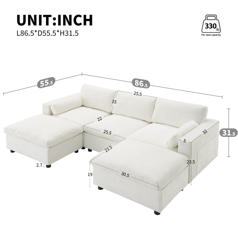 Canapé modulaire 86,5 po en chenille modulaire avec poches de rangement, ensemble de canapé en U à 5 places avec coussins, combinaison libre, canapé nuage moderne avec 2 repose-pieds mobiles