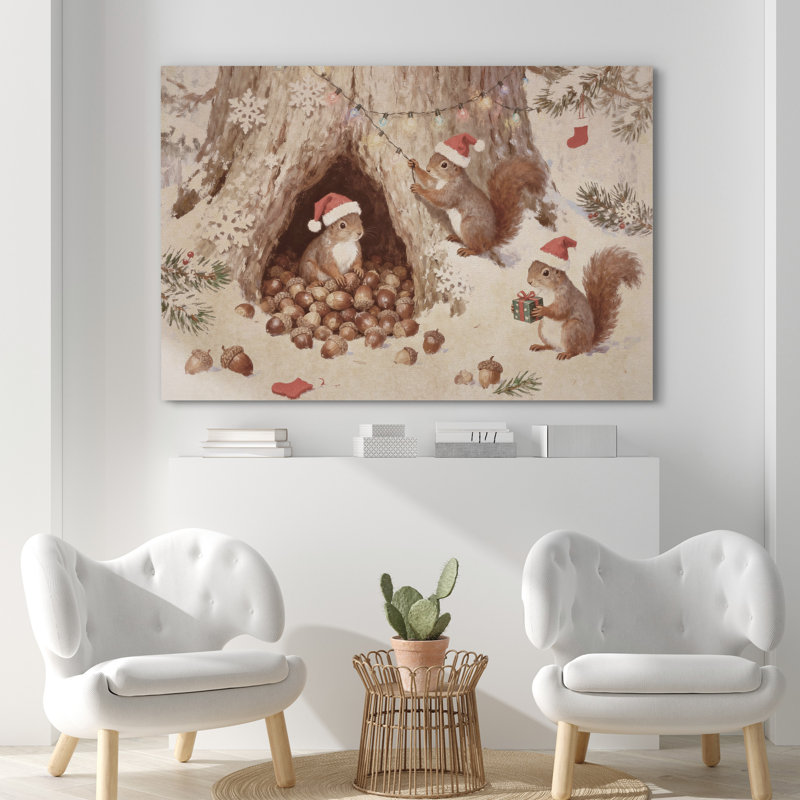 «Whimsical Christmas Squirrels in Santa Hats Decorating Tree Print», reproduction d'art sur toile, art mural, Toile tendue