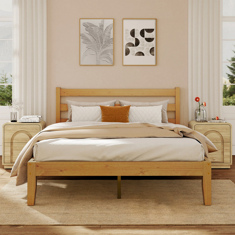 Mid-Century Solid Wood Platform Bed with Headboard, Modern Bed Frame with Quiet & Sturdy Support - No Box Spring Needed