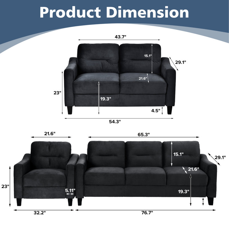 Canapé modulaire en velours noir 1 + 2 + 3 pour le salon avec coussins moelleux et accoudoirs carrés avec dossier moderne et épais